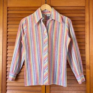Vintage Shirt Women's Rainbow Striped Size XS/Small 70s Long Sleeve Button Up